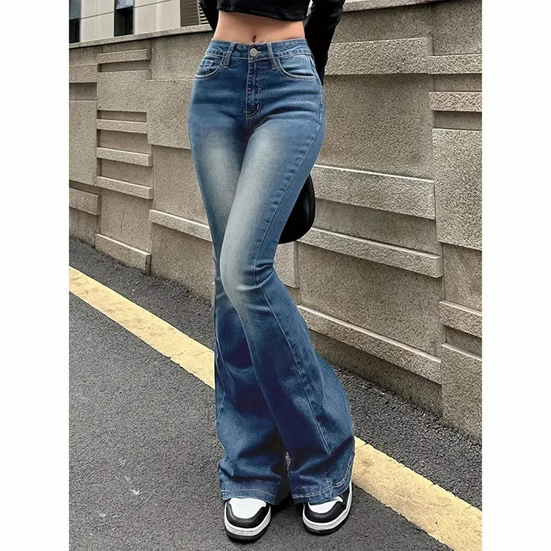 STORESDE 2025 Girls Concise Ins High Waist Flared Jeans Female Stretchy Bootcut Denim Pants Women Solid Color Thin Bell Bottoms Trousers