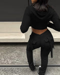 STORESDE Zipper Design with Exposed Navel Hooded Sweatshirt and Drawstring V-Shaped Waistline Work Pants, Sports Pants Long Pants Set