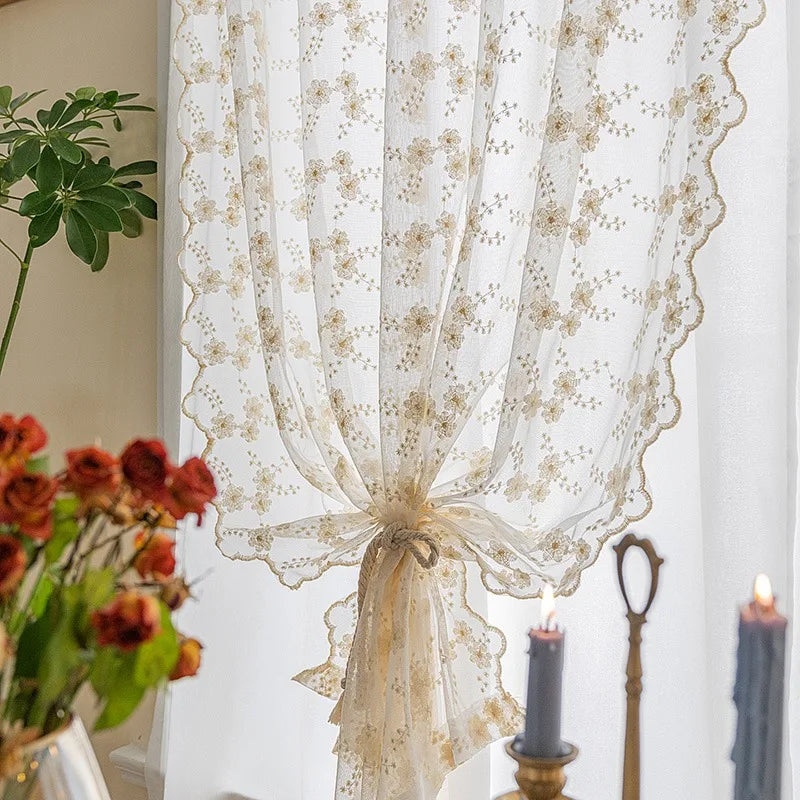 STORESDE Lace Kitchen Curtain Swaying Beige Sheer Curtains for Living Room Bedroom Window Treatment Short Vintage Floral Embroidery 1 PC
