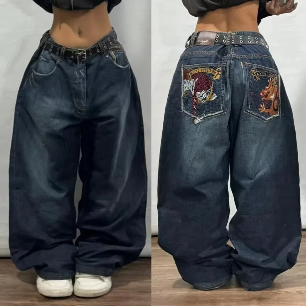 STORESDE American Fashion Trend Joker Pattern Embroidered Loose Jeans Women Street Y2K New Hip Hop Oversized Wide-leg Pants Unisex Jeans