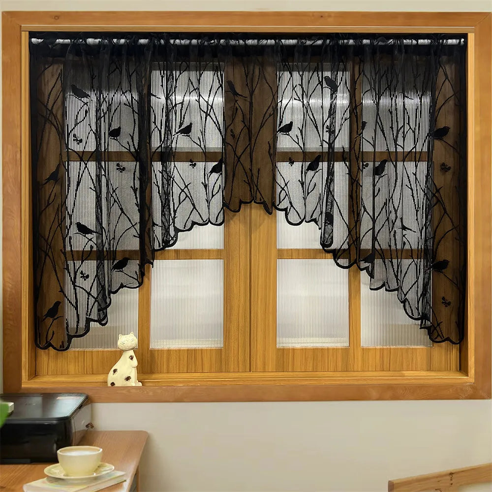 STORESDE 1pc Lace Bird Short Curtians for Kitchen Cafe Study Room Spring Pastoral Half Sheer Small Window Valance Drapes