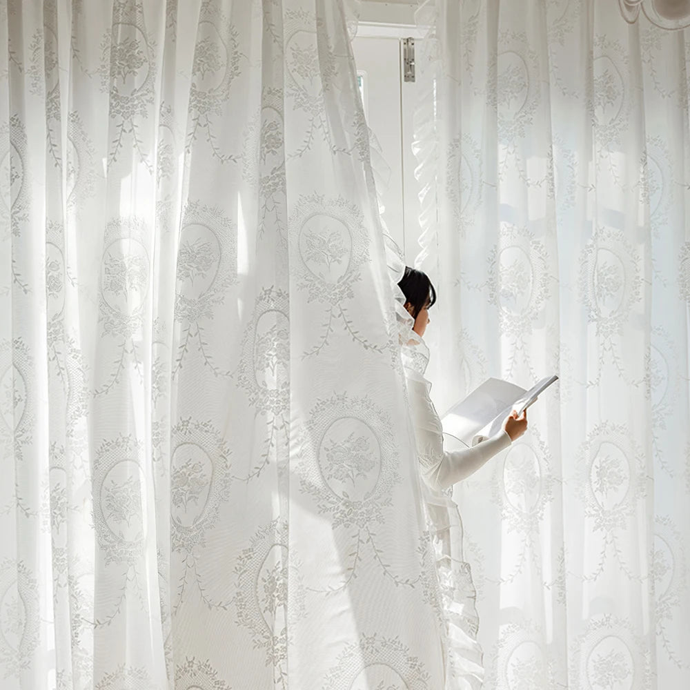 STORESDE French Vintage Ruffled Lace Embroidered Curtain Sheer, Bedroom Balcony Living Room Drapes, Light-Filtering Privacy Protection