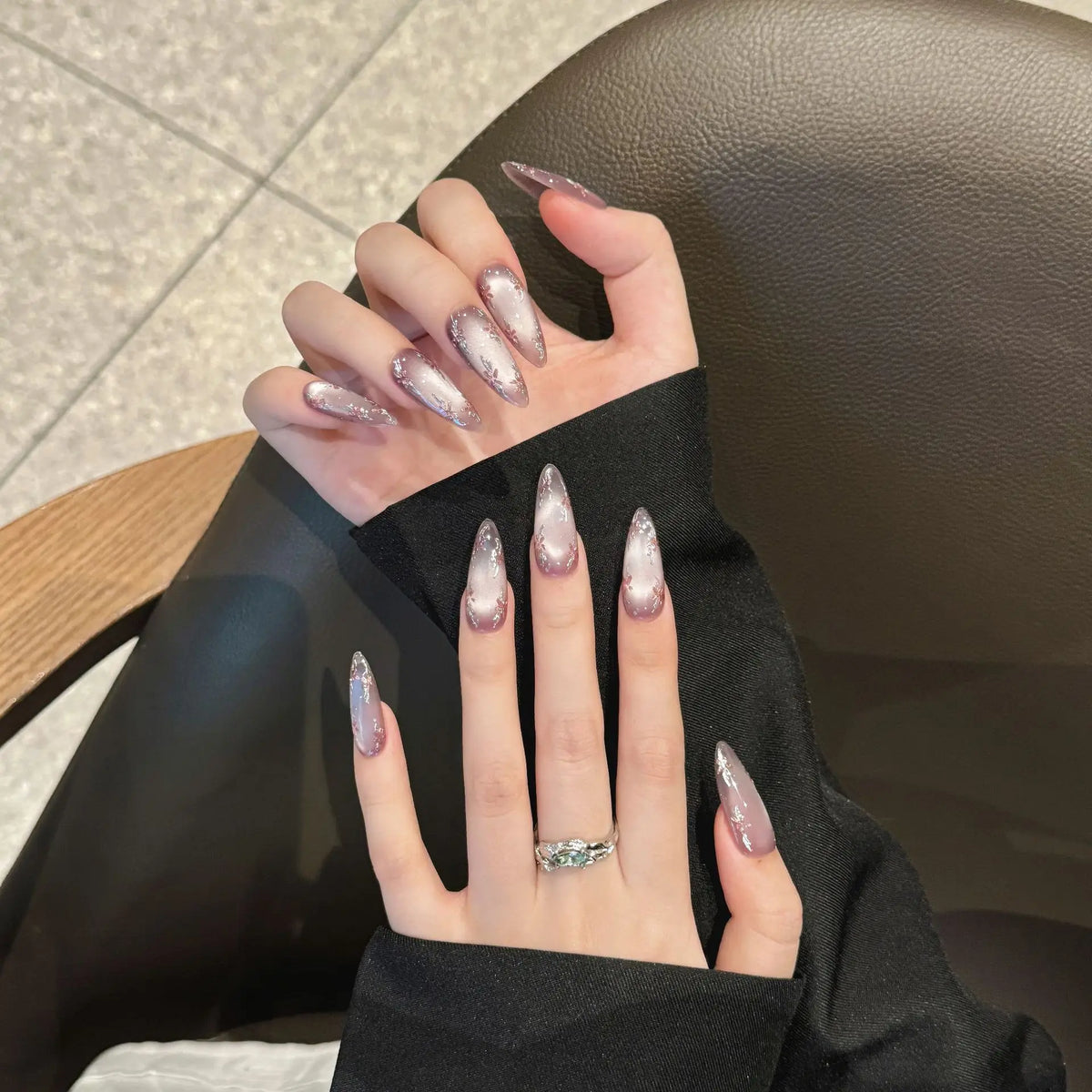 STORESDE Handmade Press on Nails Hand-painted Flowers Fake Nails Full Cover Wearable Shiny Purple Cat Eye Almond False Nail Patches