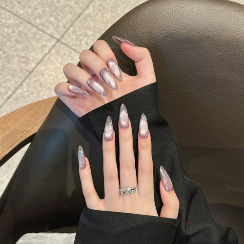 STORESDE Handmade Press on Nails Hand-painted Flowers Fake Nails Full Cover Wearable Shiny Purple Cat Eye Almond False Nail Patches