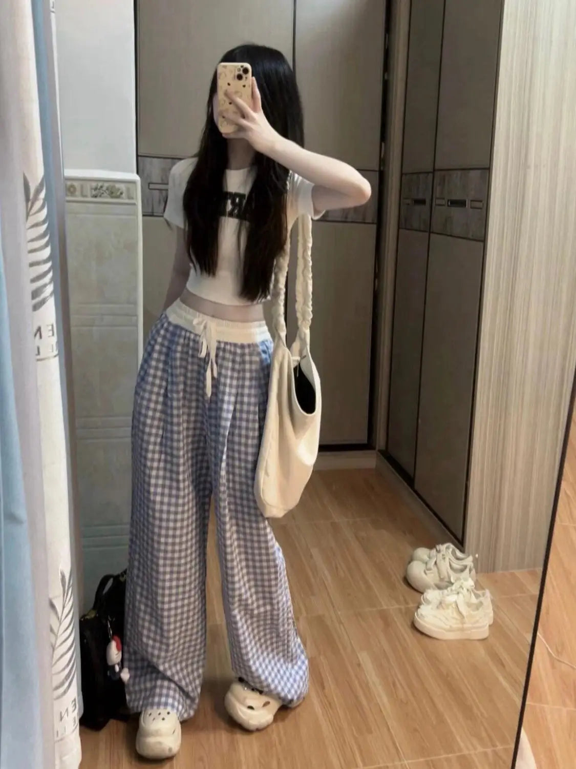 STORESDE Plaid Women's New High-waisted Loose Drape Slim Casual Lazy Straight Wide-leg Trousers