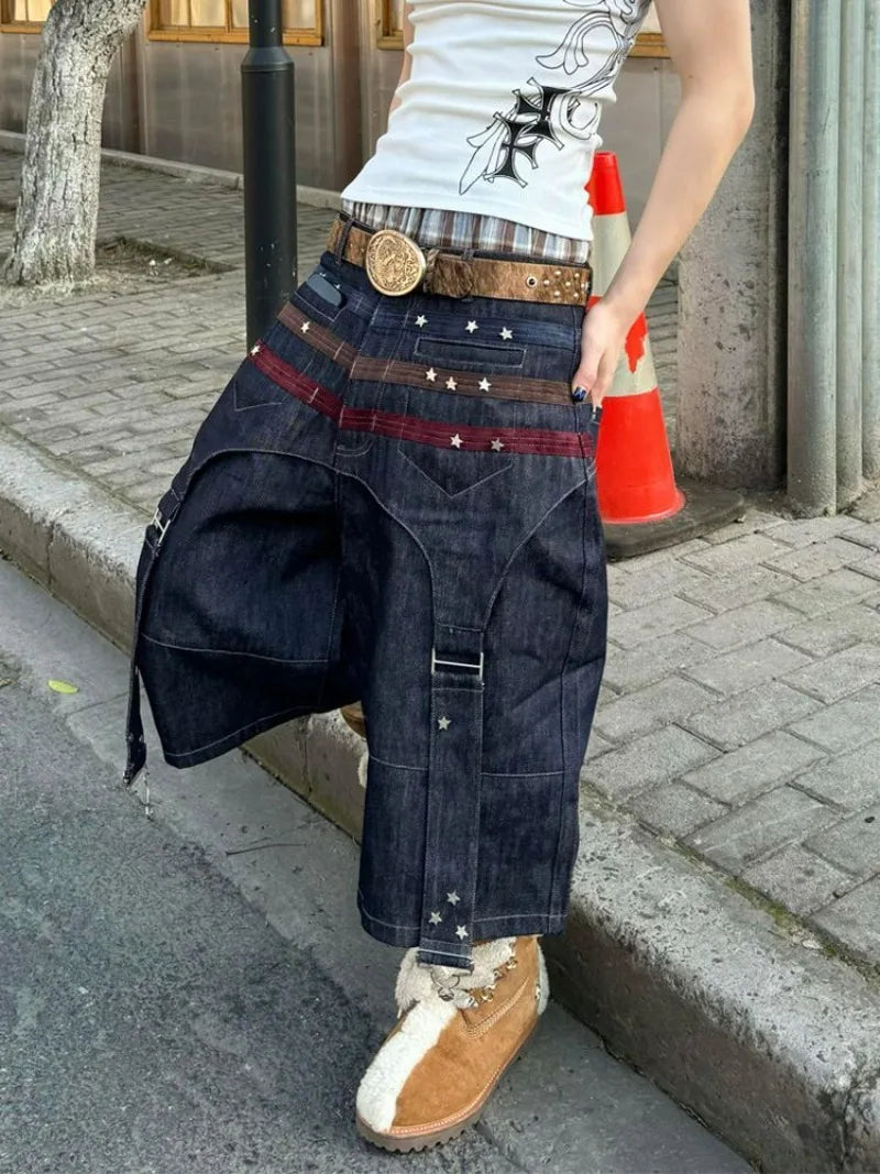 STORESDE Y2K Streetwear New Fashion Star Pattern Nail Denim Shorts Women Harajuku Vintage Hip Hop Spice Girls Splicing Cropped Pants