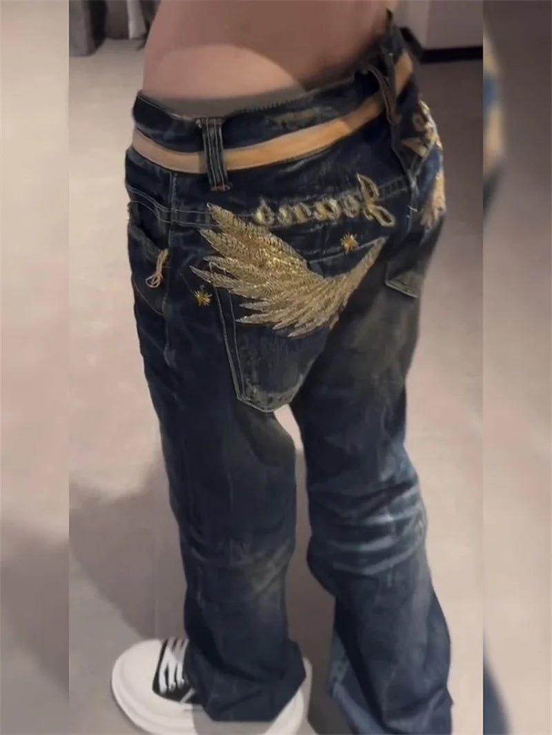 STORESDE American Personalized Gold Wing Embroidered Jeans Children's 2025 Spring Hot Girl Design Sense Low Waist Micro Flared Pants