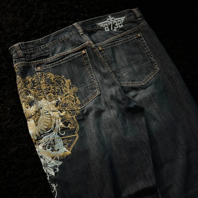 STORESDE American New Fashion Oversize Pattern Embroidered Baggy Jeans Men Y2K Gothic Harajuku Hip Hop Straight High Waist Wide Leg Pants