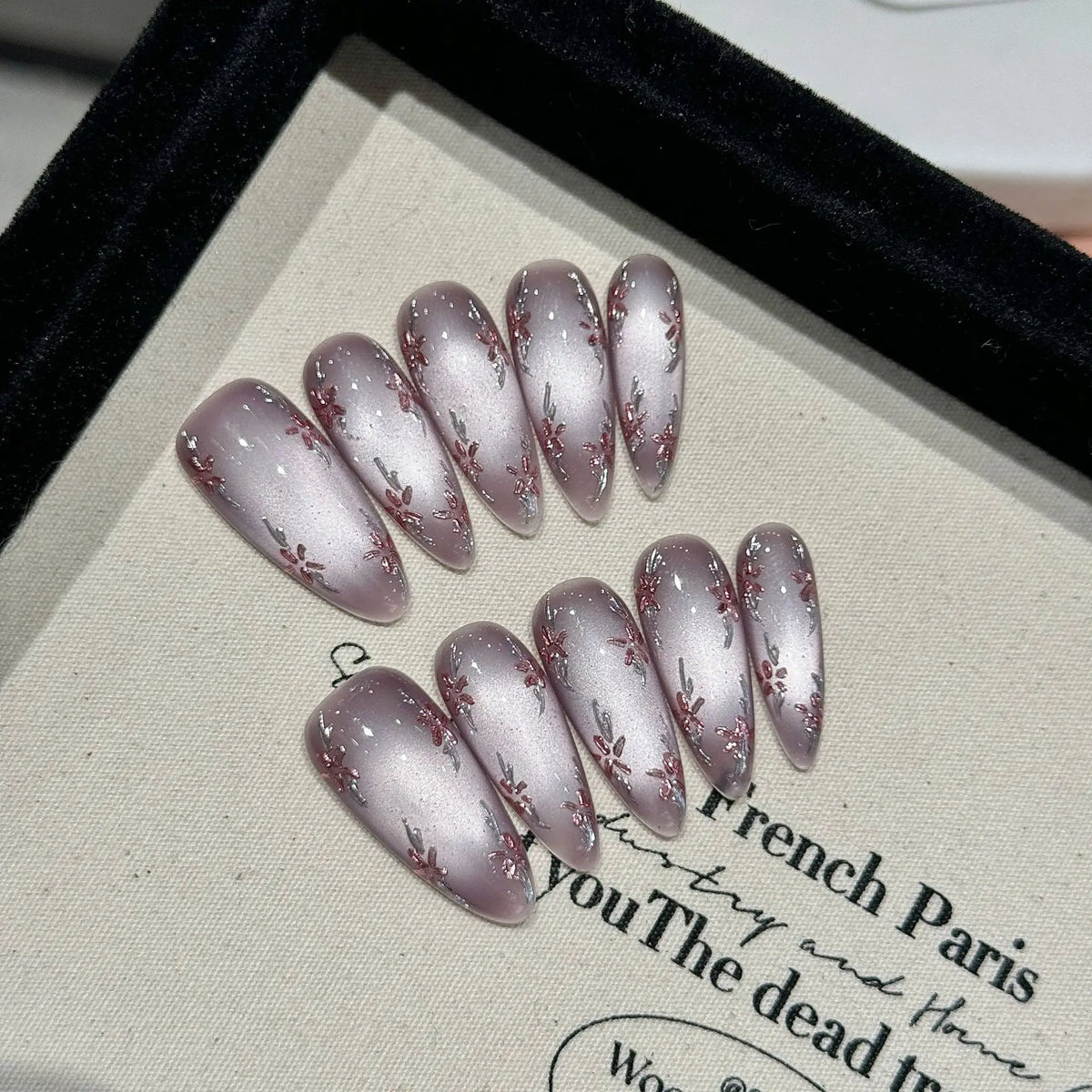 STORESDE Handmade Press on Nails Hand-painted Flowers Fake Nails Full Cover Wearable Shiny Purple Cat Eye Almond False Nail Patches