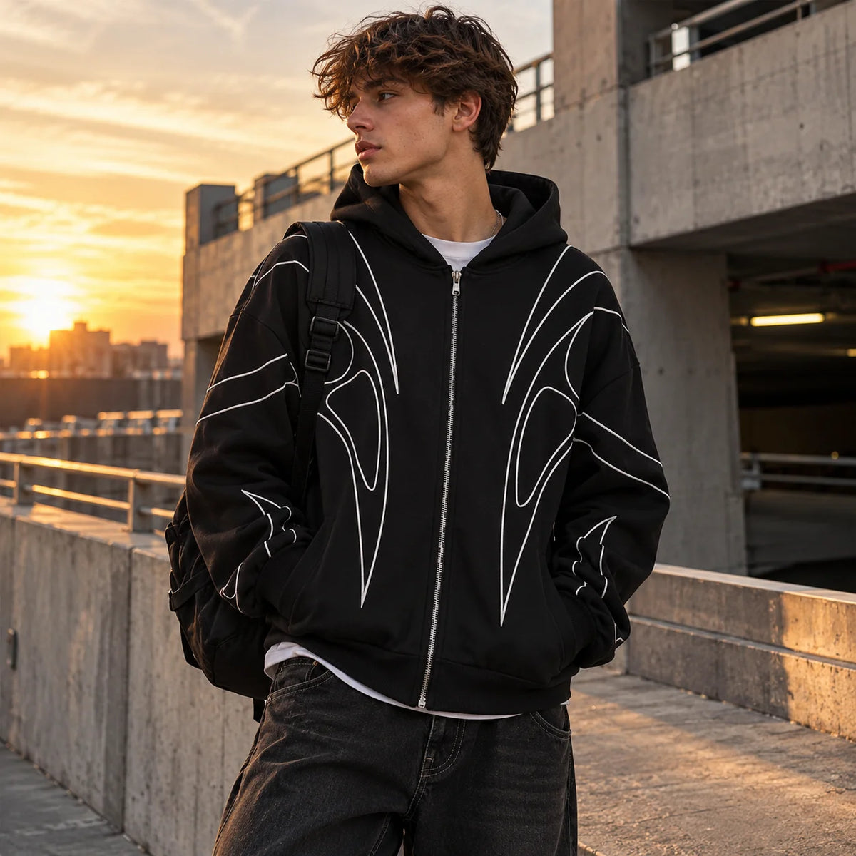 STORESDE Trend Graphic Zip Up Hoodie Oversized Hooded Sweatshirt Line Print Long Sleeve Casual Streetwear Autumn Jacket 2026 Hot New Plus
