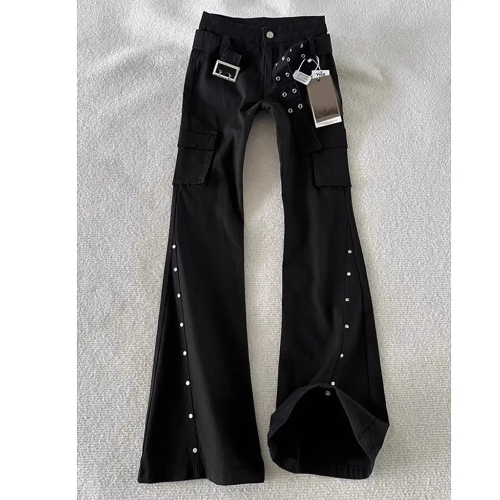 STORESDE Autumn American Retro Dark Gothic Jeans Women High-street Mid-rise Rivet-decorated Flared Pants Y2K 2000s Aesthetic Cargo Pants