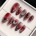 STORESDE Red Y2K Wearable Nail Art Chic Silver Butterfly Love Metal Bead Almond False Nails Detachable Finished Fake Nails Press on Nails