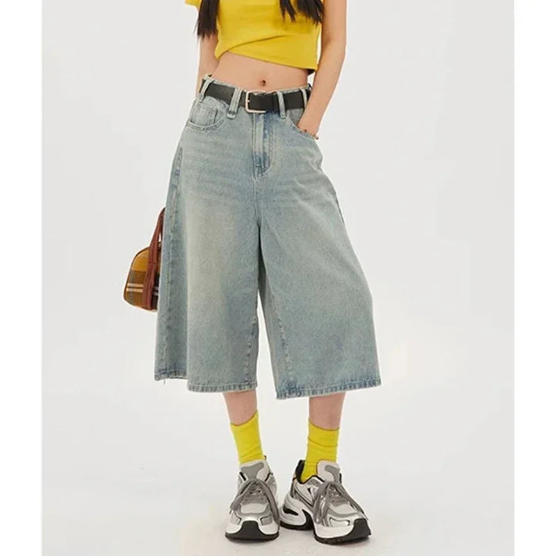 STORESDE 2026 Summer High Street Women Baggy Thin Jeans Female High Waist Capri Pants Girls Solid Color Leisure Denim Shorts