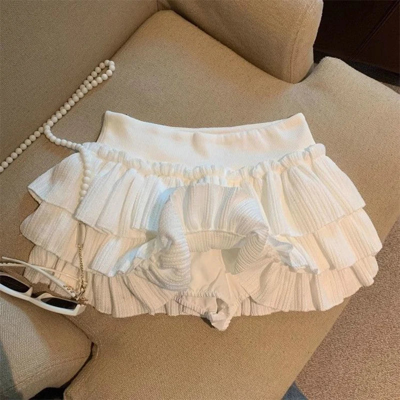 STORESDE Sweet Puffy Cake Women Skirts Korean Fashion Ruched Ruffle Mini Skirt Campus Harajuku Casual Versatile Elastic Waist Solid Skirt