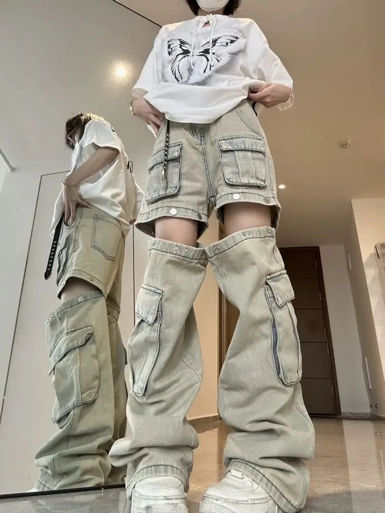 STORESDE American New Detachable Design Sense Tooling Jeans Female Y2K Fashion Gothic Retro High Street Straight Small Vibe Waisted Pants