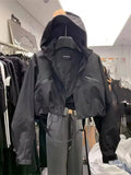 STORESDE Fashion Short Hooded Jacket 2025 New Spring Black Loose Motorcycle Coats Female Street  Windbreak Short Basic Coat