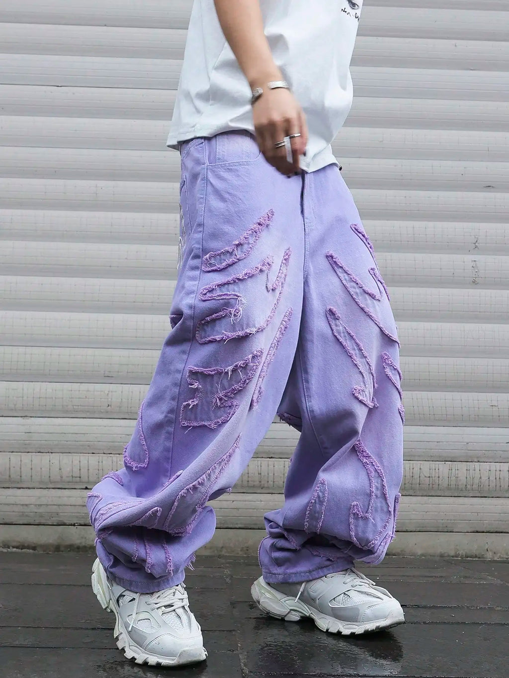 STORESDE High - street style purple distressed frayed jeans for men, loose, trendy street hip - hop wide - leg pants
