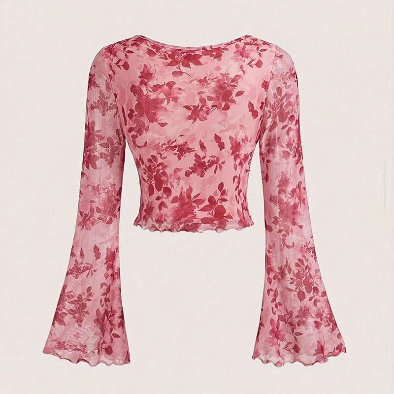 STORESDE Summer Women's Y2k Floral Printed Sweet V-Neck T-shirts Mesh Beach Party Dress Top Flare Sleeve Square Collar Lace Up Shirt 2025
