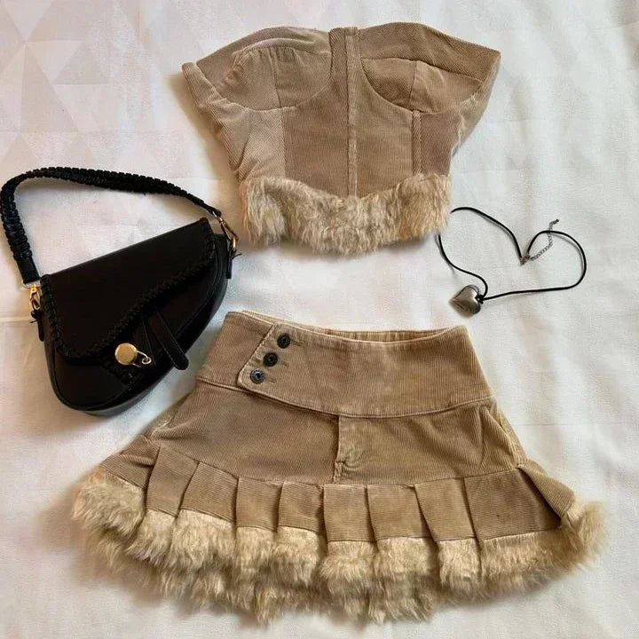 STORESDE Y2K Black Leather Spliced Denim Two Piece Set Women Harajuku Zipper Long Sleeved Jacket New Sexy Pleated Skirt Motorcycle Suit