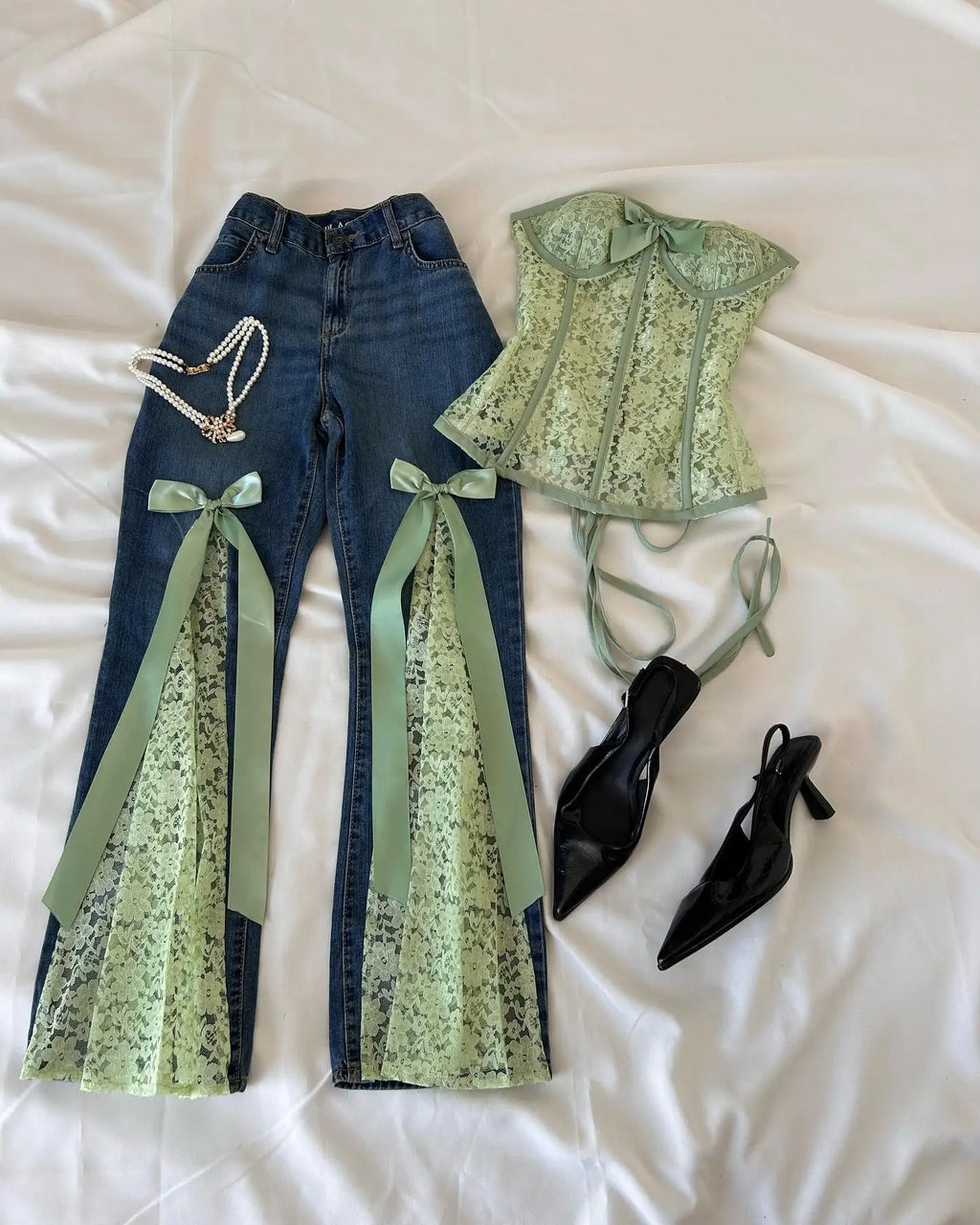 STORESDE Y2 Retro Sweet Bowknot Satin Ribbon Lace Patchwork Jeans Mid Waist Slimming Wrap Hip Bootcut Jeans Micro Elastic Denim Pants