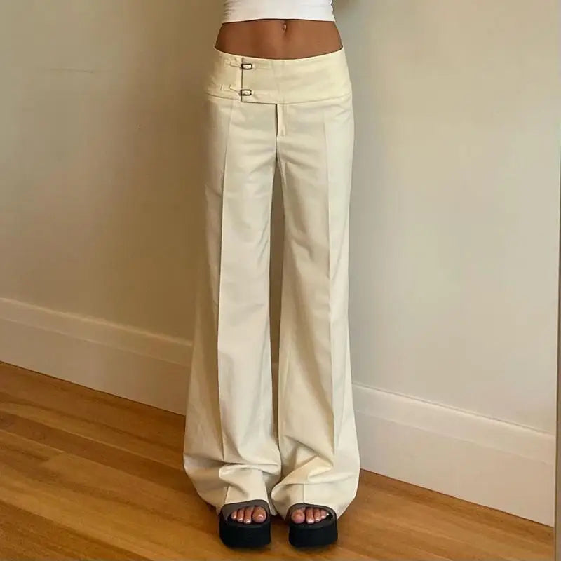STORESDE Vintage Y2K Korean Streetwear Pants Woman Low Rise Straight Loose Beige Trousers Button Up Basic 2000S Women Casual Pants