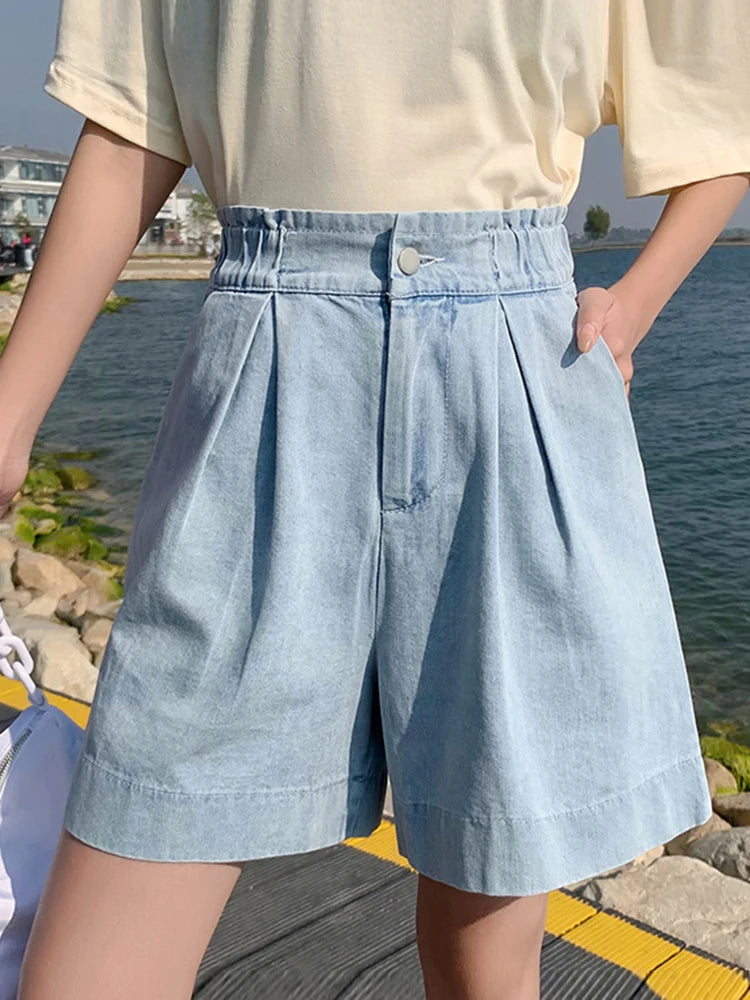 STORESDE Casual Plus Size Summer Denim Shorts Woman Loose Wide Leg Jean Baggy Shorts Women Cotton Ealstic Waist Short Pants Bermuda Femme