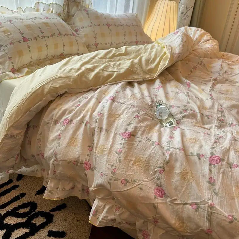 STORESDE Korean Princess Duvet Cover Set Skin Friendly Wash Cotton Bedding Set Of Four Pieces Lace Bedin Set Bed Sheets Comforter Cover