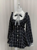 STORESDE Harajuku Sweet Bow Black Plaid Dresses All-match Slim Fit Kawaii Lolita Dress for Women Autumn New Long Sleeve Vestidos De Mujer