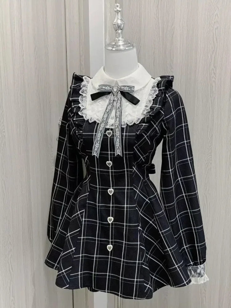 STORESDE Harajuku Sweet Bow Black Plaid Dresses All-match Slim Fit Kawaii Lolita Dress for Women Autumn New Long Sleeve Vestidos De Mujer