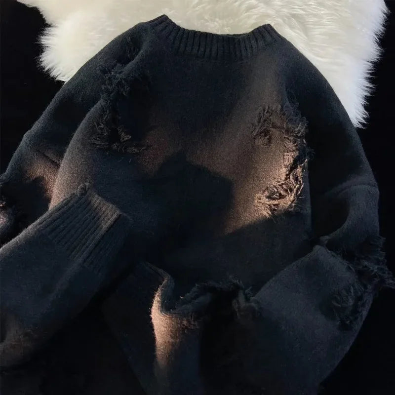 STORESDE 2026 Autumnand y2k Streetwear Men New Retro Hole Fringed Sweater Loose Versatile Sweater For Men And Women Long Sleeve Sweater