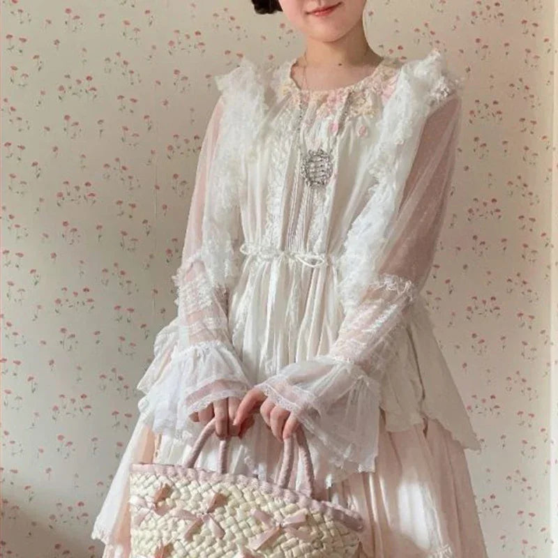 STORESDE Lolita Sweet Women Shirts Lace Mesh Harajuku Blouse Y2K Aesthetic Long Sleeve Preppy Style Female Cardigan Japanese Ruffles Tops