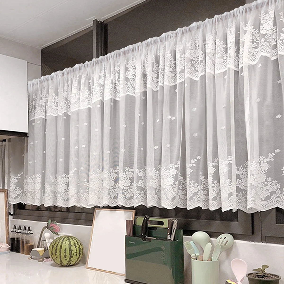 STORESDE 1PC White Short Lace Curtain,Cute Floral Pattern Kitchen Valance,Window Valances Pastoral Tulle Voile Home Decor Kitchen Door