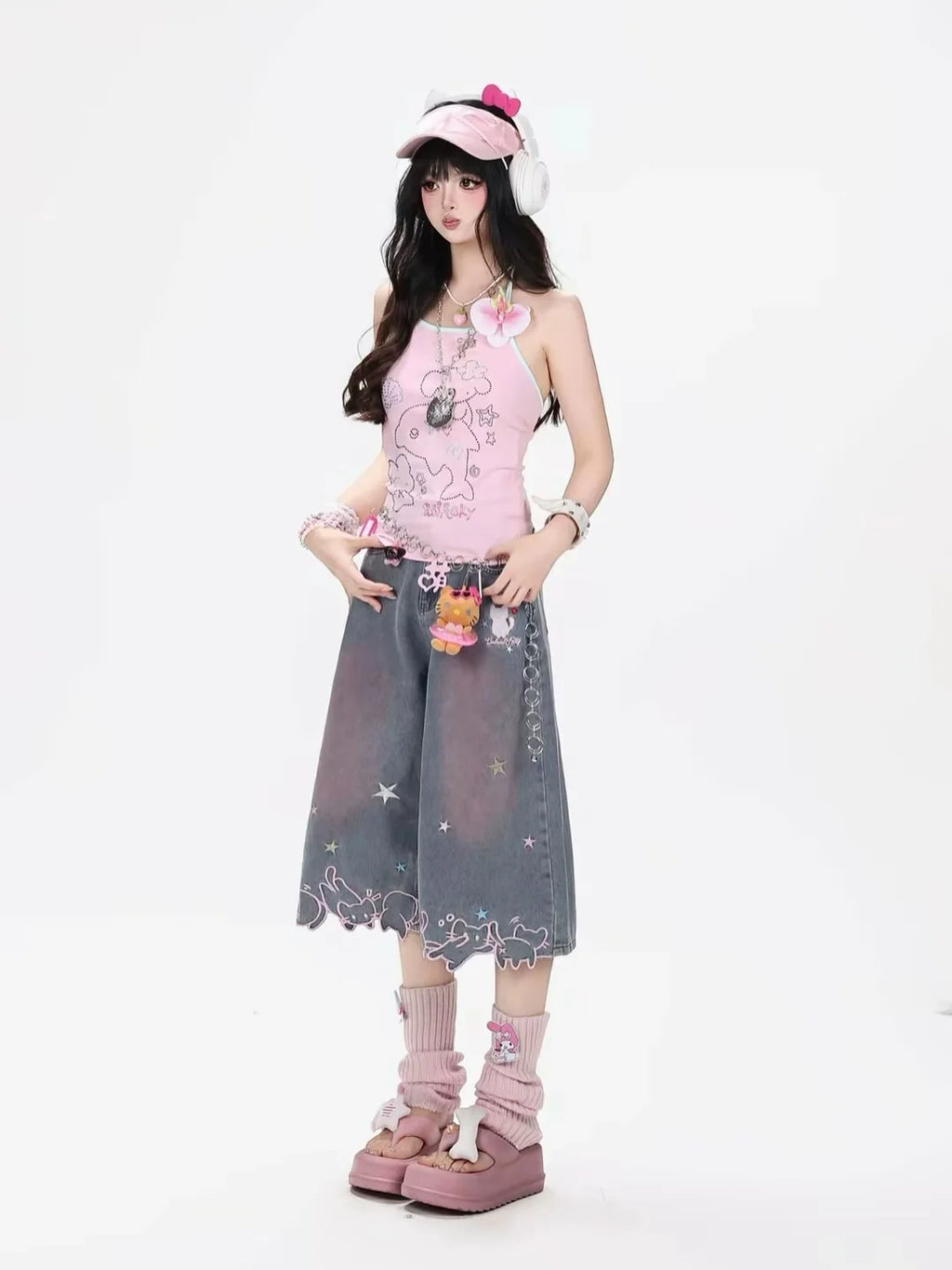 STORESDE Women High Waist Cute Cartoon Cat Embroidery Jeans Girls Vintage Y2k Clothes Calf Length Denim Pants Harajuku Blue Streetwear