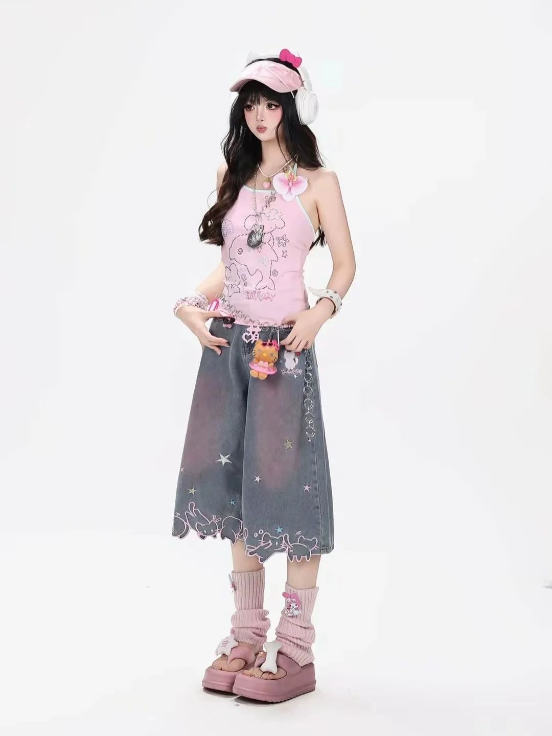 STORESDE Women High Waist Cute Cartoon Cat Embroidery Jeans Girls Vintage Y2k Clothes Calf Length Denim Pants Harajuku Blue Streetwear