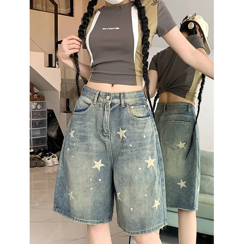 STORESDE American Style Vintage Women's Short Jeans High Waisted Washed Wide Leg Denim Pants Woman Fashion Do Old Star Knee Length Shorts