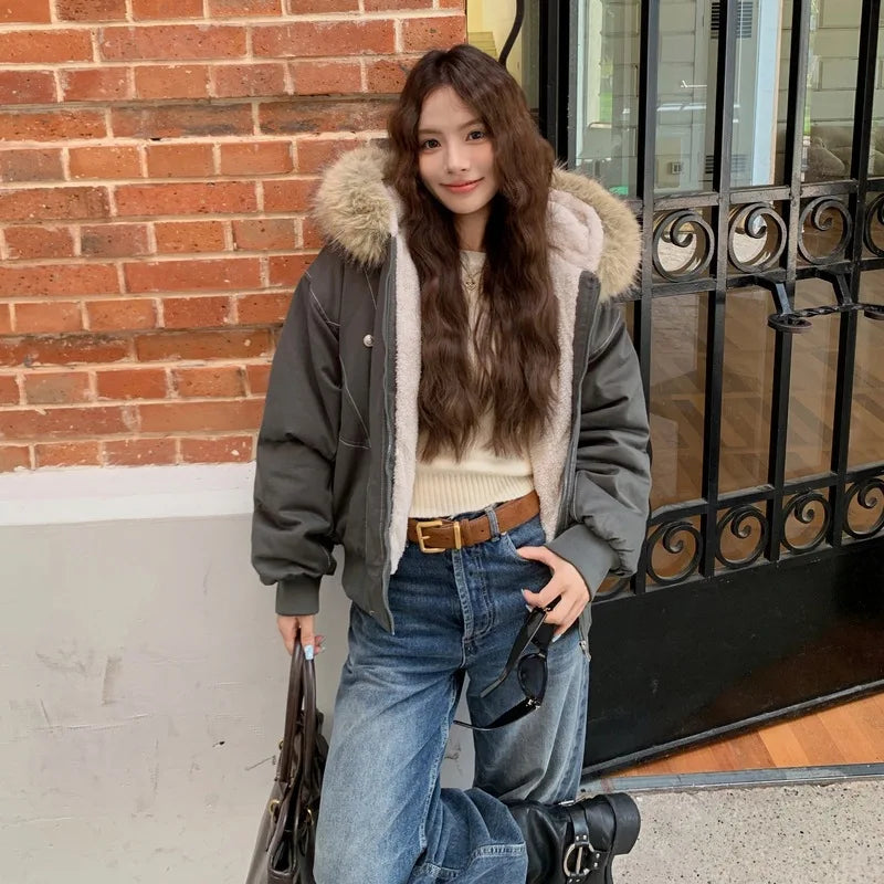 STORESDE Autumn Winter Cotton Padded Jacket Women Outerwear Thick Warm Oversize Short Coat Female Hooded Long Sleeve Fur Collar Parkas