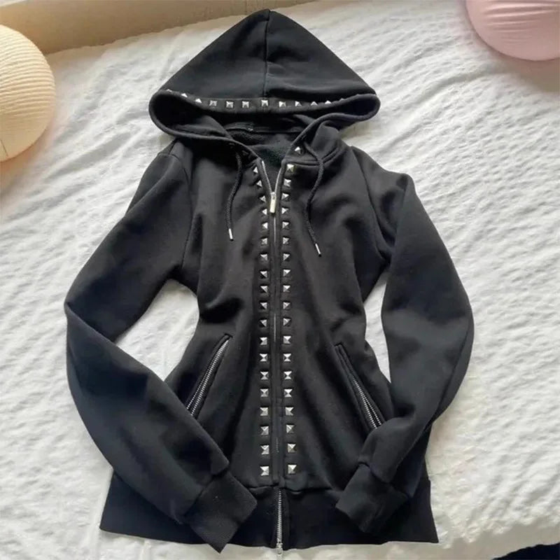 STORESDE Y2K New Emo Fashion Rivet Zipper Hoodie Women Harajuku Black Oversized Hoodie Gothic Retro Classic Sweatshirt Winter Clothing