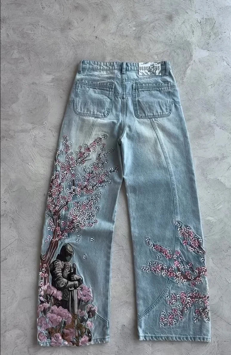 STORESDE Men Women Cherry Blossom Knight All Embroidery Denim Pants Y2k Vintage Baggy Street Straight Jeans High Waisted Washed Blue Jean