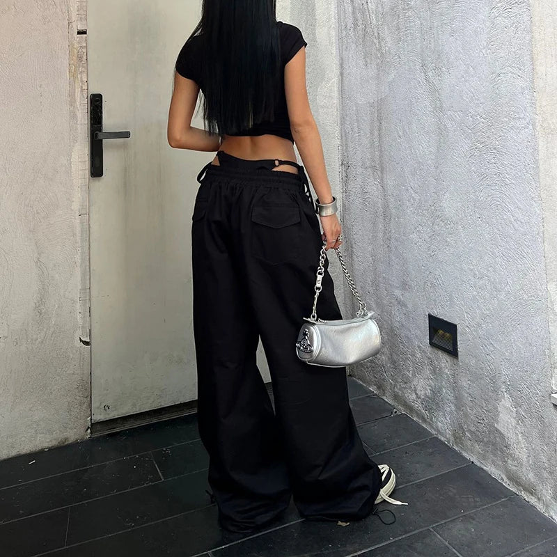 STORESDE Women American Wide Leg Pants Vintage Loose Drawstring Cargo Trousers High Waisted Jazz Hiphop Casual Summer Dance Pants
