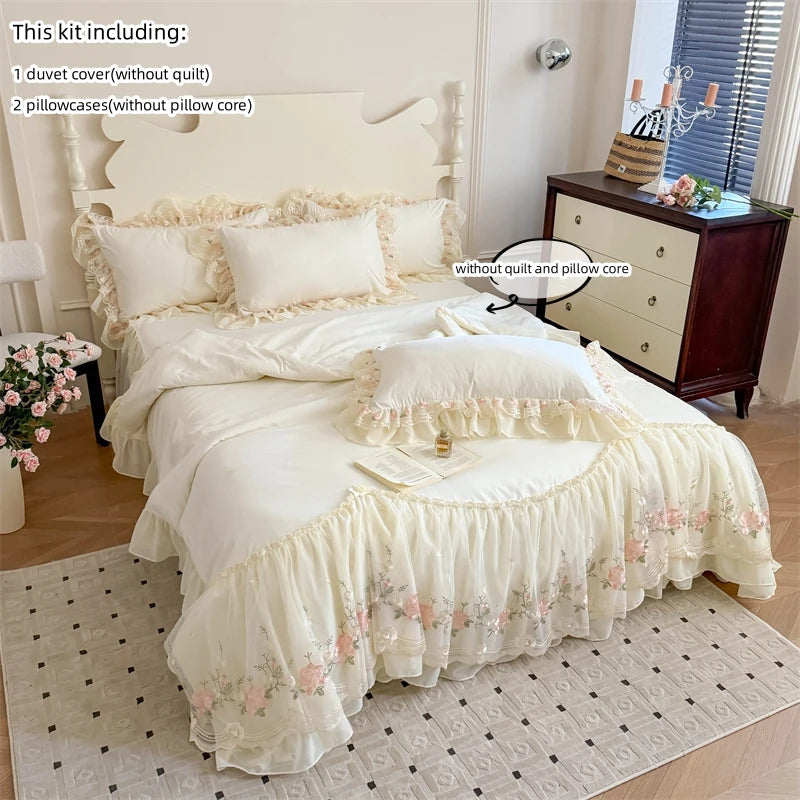 STORESDE 3pcs Korean style Duvet Cover Set (1*Duvet Cover + 2*Pillowcase, Without Core), Lace embroidery Bedding Set