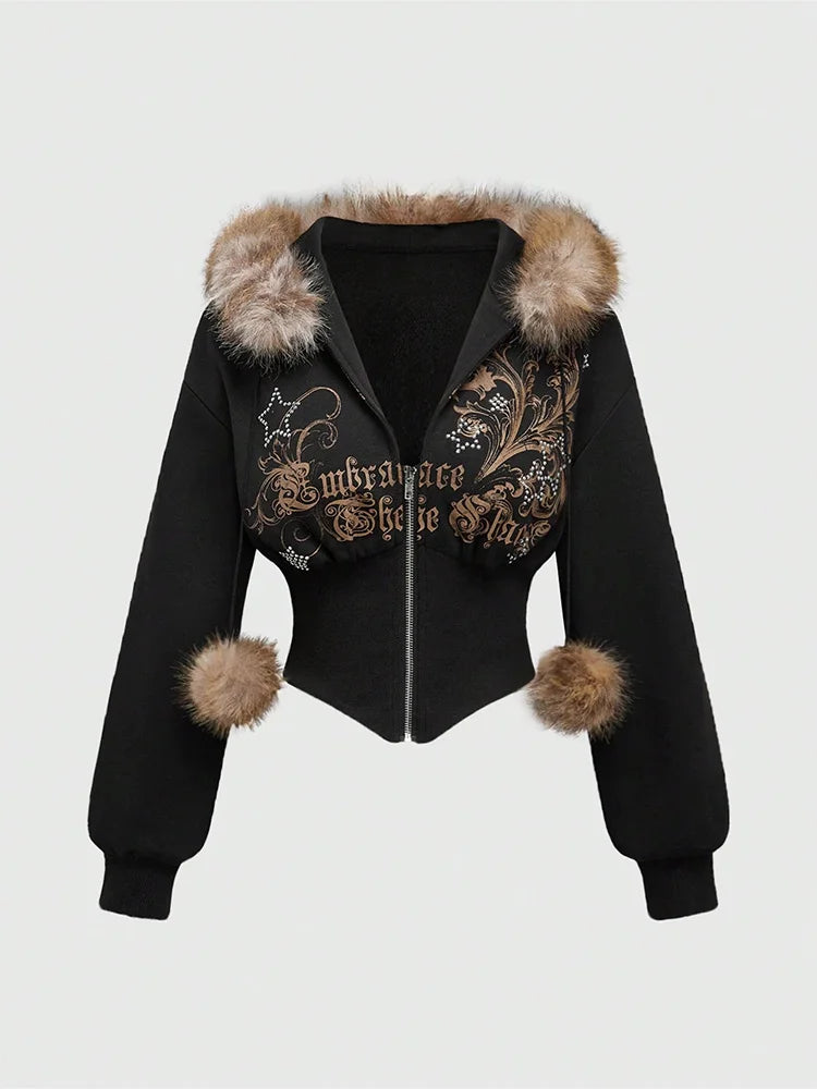 STORESDE Winter Warm Gothic Print Hoodie Women's Faux Fur Crop Top Zip-Up Sweatshirt Fashion Y2K Streetwear Hooded Jacket 2026 New