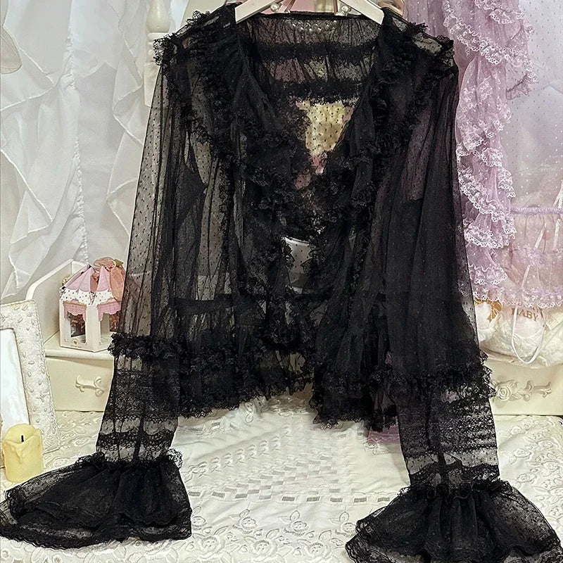 STORESDE Lolita Sweet Women Shirts Lace Mesh Harajuku Blouse Y2K Aesthetic Long Sleeve Preppy Style Female Cardigan Japanese Ruffles Tops