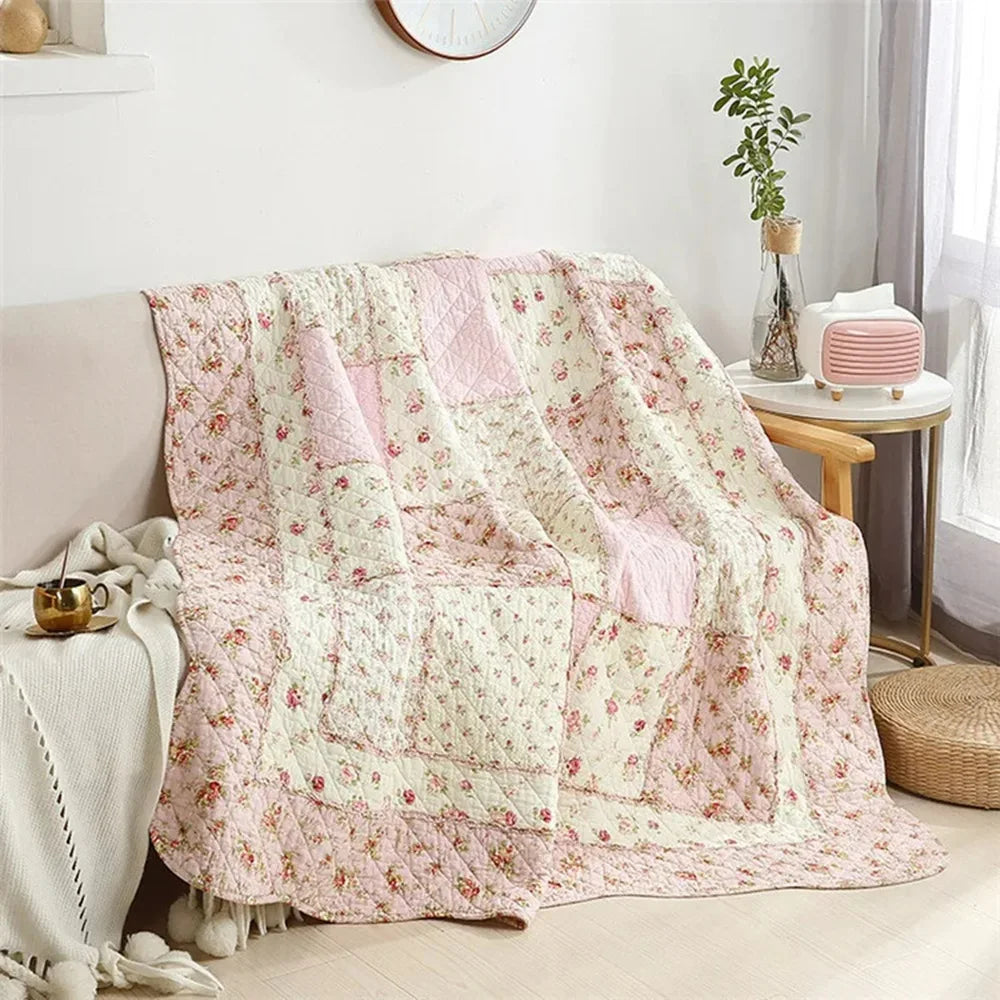 STORESDE Floral Plaid Blanket, Cotton Quilt, Bedspread on the Bed, Applique Duvet, Quilted European Coverlet, Cubrecam Linen Bed Cover