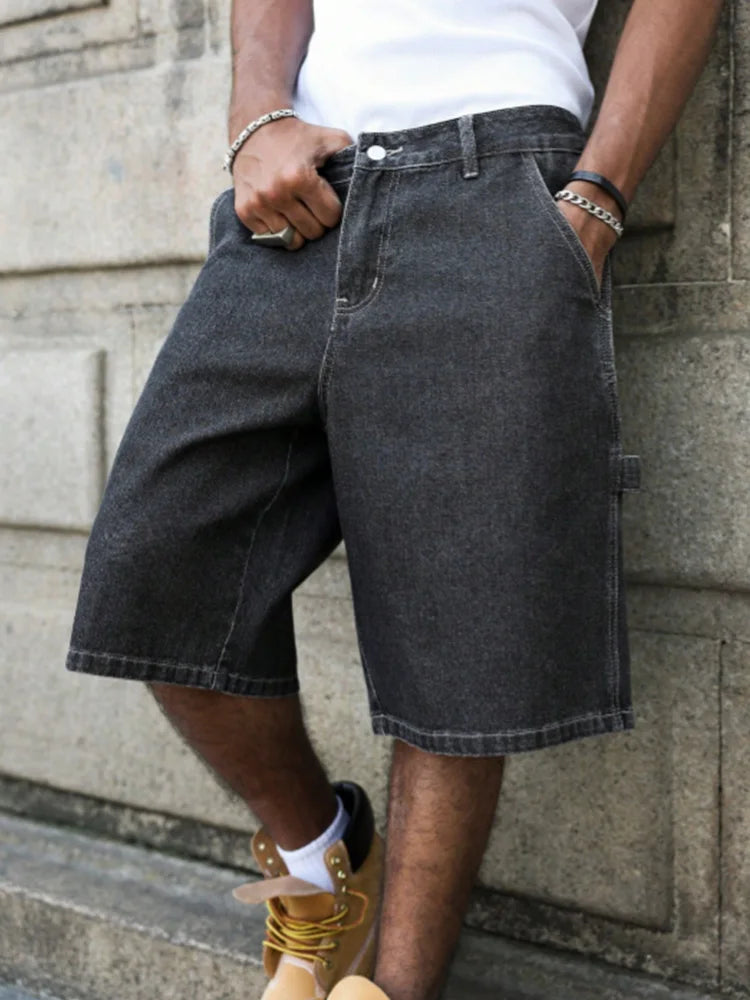 STORESDE Men's Summer Black-Grey Loose Baggy Denim Shorts