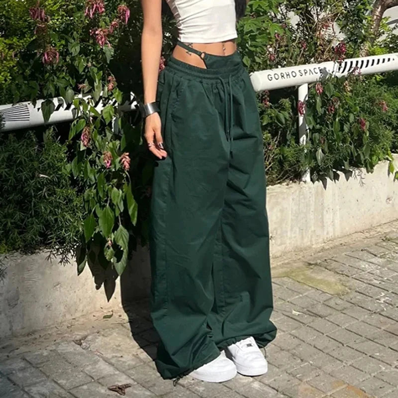 STORESDE Women American Wide Leg Pants Vintage Loose Drawstring Cargo Trousers High Waisted Jazz Hiphop Casual Summer Dance Pants