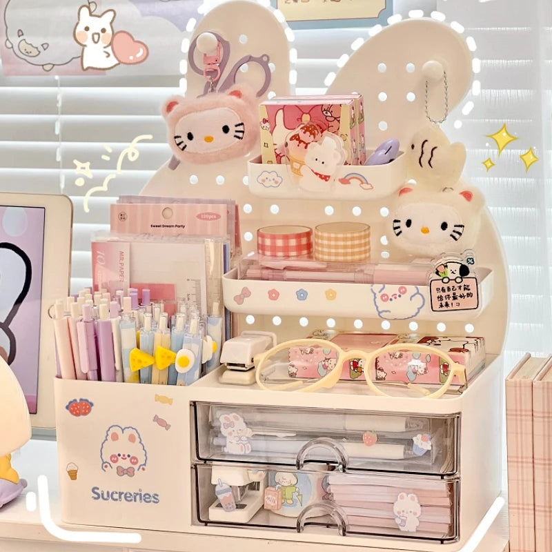 STORESDE Desktop Hole Board Storage Box Desk Organizer Girls Cute Pen Holder Storage Stationary Rack Korean Kawaii Bunny Cosmetic Shelf