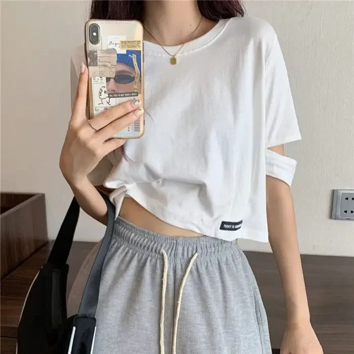 STORESDE New Style Sensible Design Short Sleeve Women's T-Shirt Summer Korean Trendy Niche Cropped High-Waisted Exposed Midsection Loose-