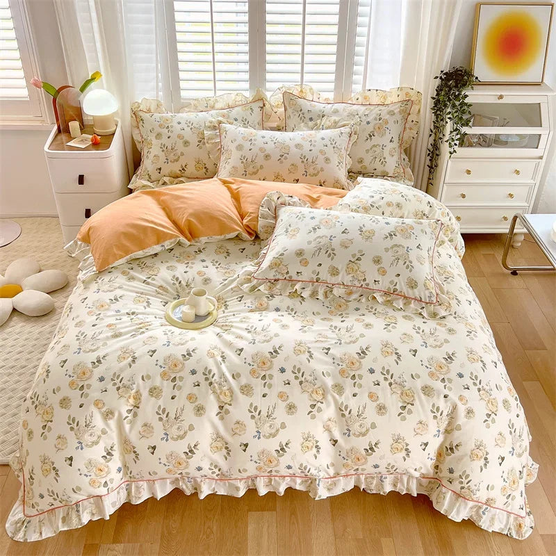 STORESDE Princess Style Ruffles 100% Cotton Quilt Cover Set or Single Quilt Covers Floral Soft Duvet Cover Cotton Cute Comforter Covers