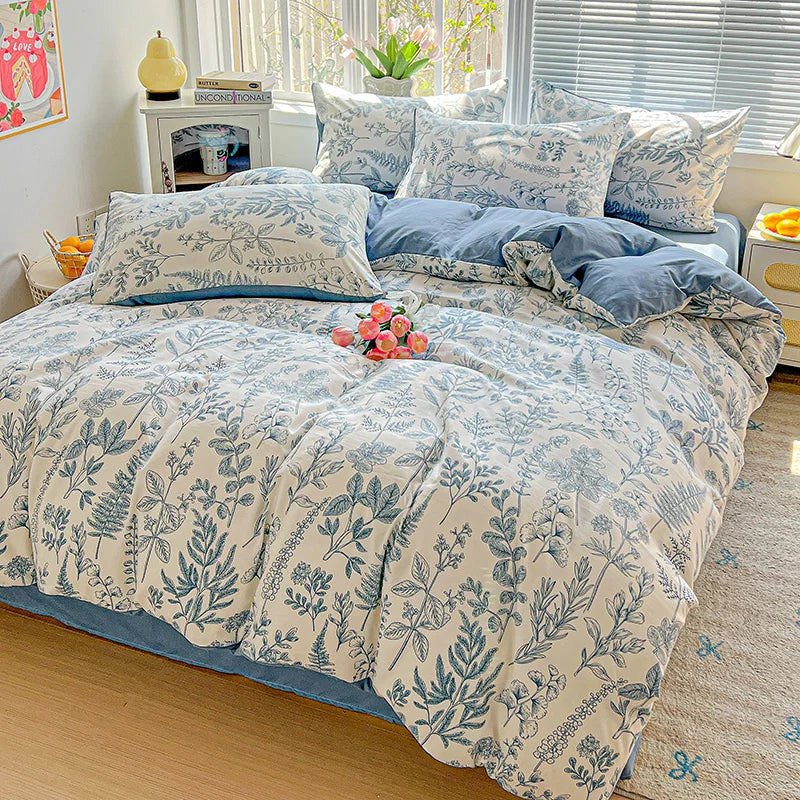 STORESDE American Pastoral Floral Printed Bedding Set Soft Skin-Friendly Double King Size Duvet Cover Set with Flat Sheet and Pillowcases