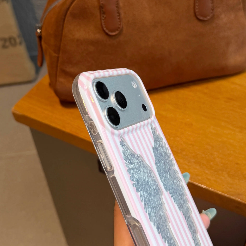 STORESDE Korean Cute Pink White Stripe Wings Phone Case For iPhone 17 Pro 16 15 Pro Max 17pro 16pro Fashion Shockproof Cover For Girls